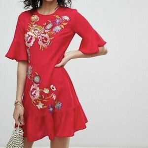 ASOS Floral Embroidered Red Skater Dress